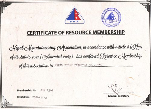 Certificate of Nepal Mountainerring Association